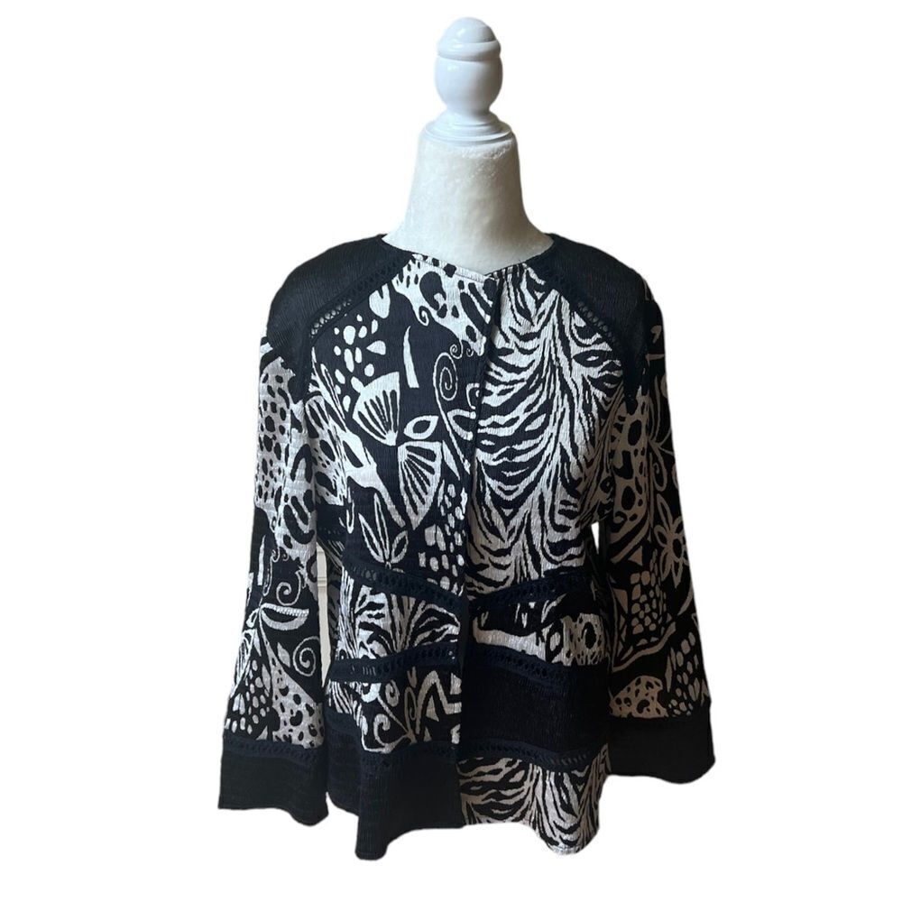 Chico’s Black & White Animal Print Mixed Media Cardigan Blazer